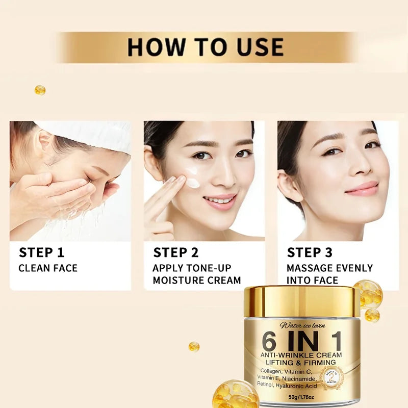 6-In-1 Anti-Wrinkle Cream. Lifts Firms Smooths Moisturizes. Collagen Vitamin C E Niacinamide Retinol Hyaluronic Acid. 50g
