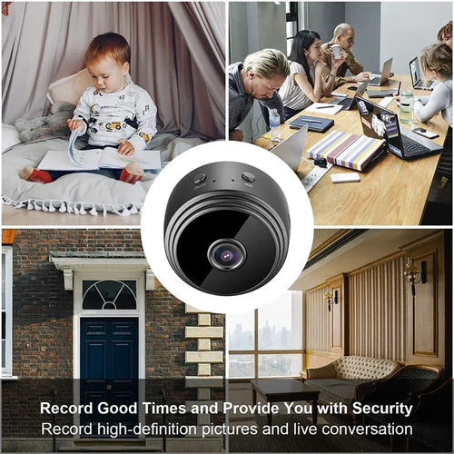 Round black mini IP camera with wide-angle lens, shown in a security layout