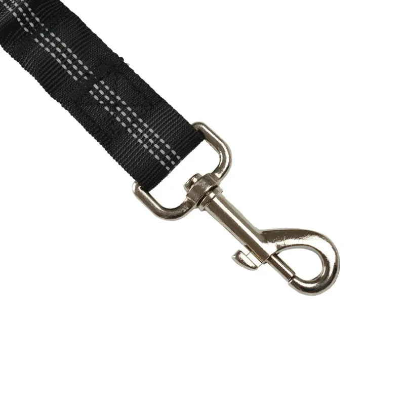 Black reflective dog car seat belt leash with durable metal clip for safe, adjustable travel for all dog sizes.