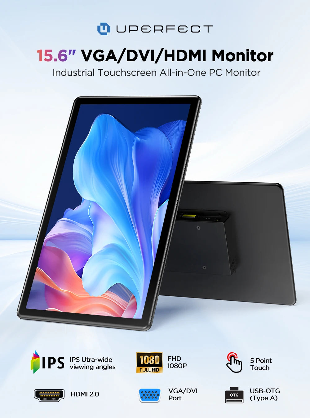 UPERFECT Touchscreen Portable Monitor 15.6'' HDR 1080P IPS Raspberry Pi VESA HDMI VGA DVI Industrial Input 2000:1 Contrast Ratio