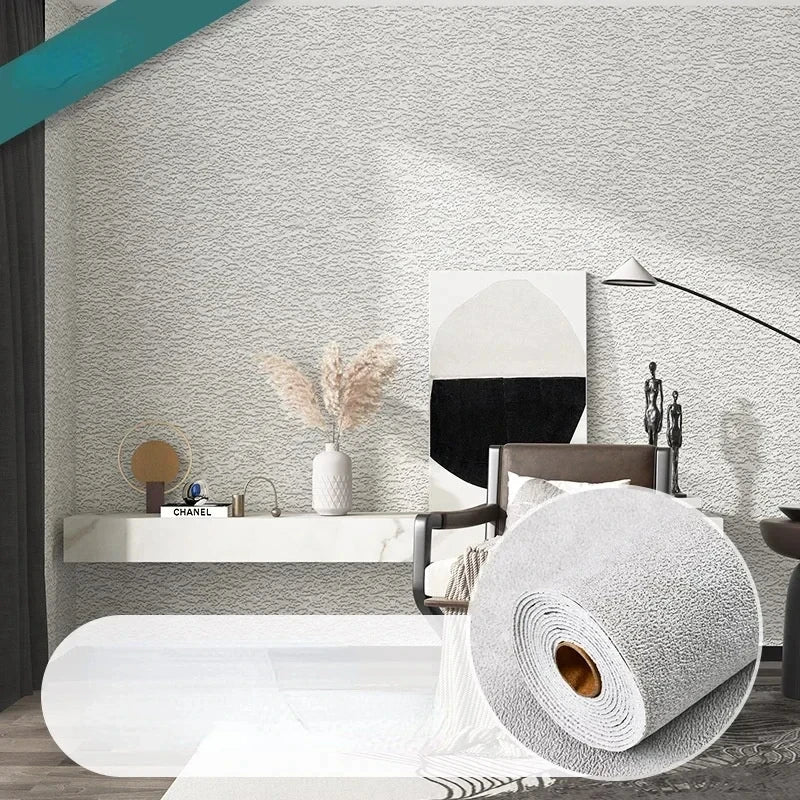 Self-adhesive linen-texture wall panel wallpaper in light gray, with rolled sample