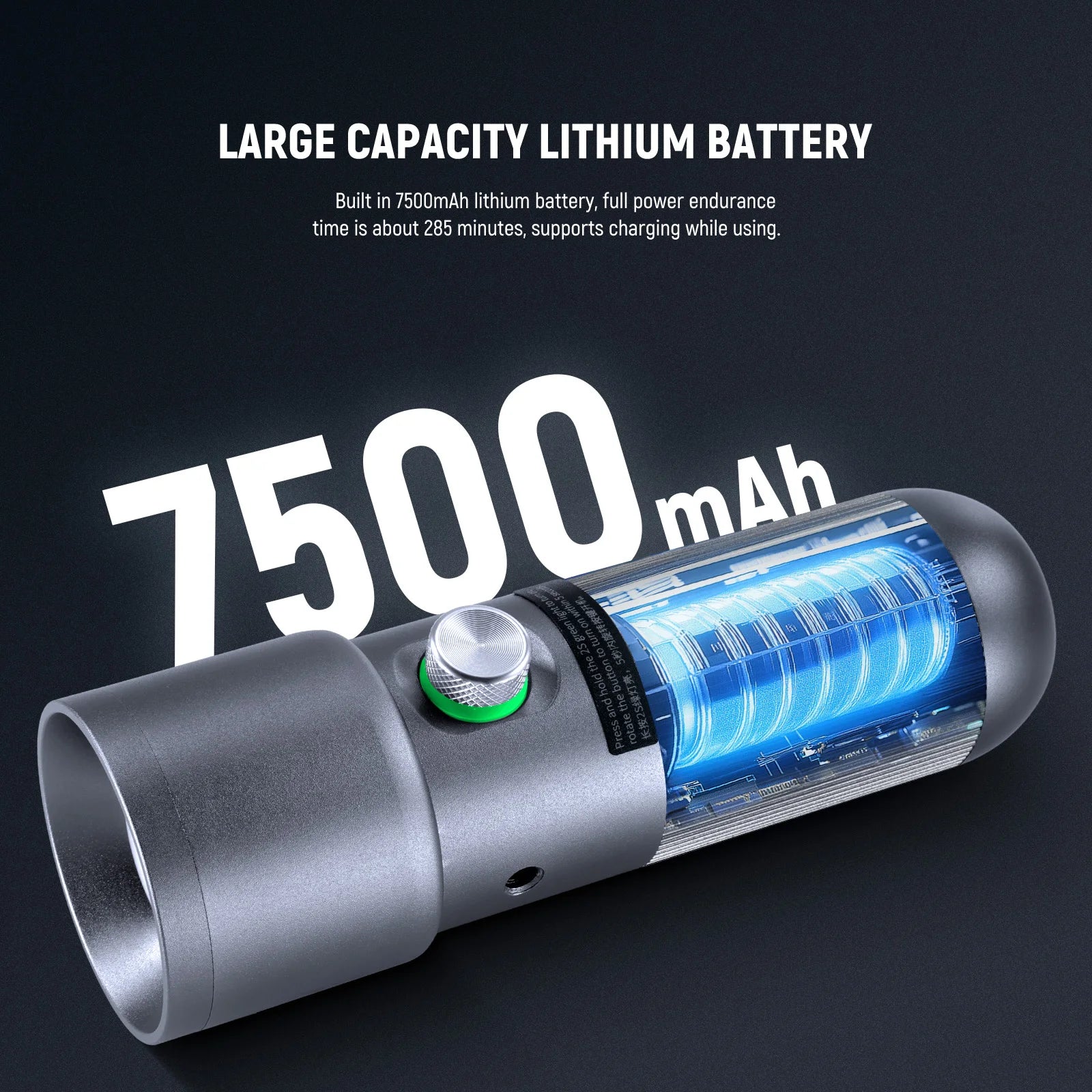 Cylindrical grey metal cordless tool with a silver dial, green accent, and internal blue battery illumination.