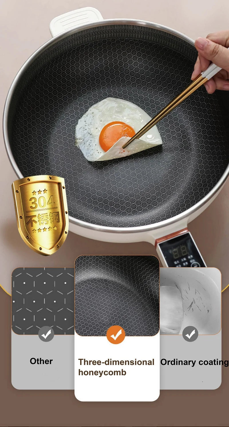 Electric nonstick cooking pot interior with honeycomb texture and egg mixture in pan