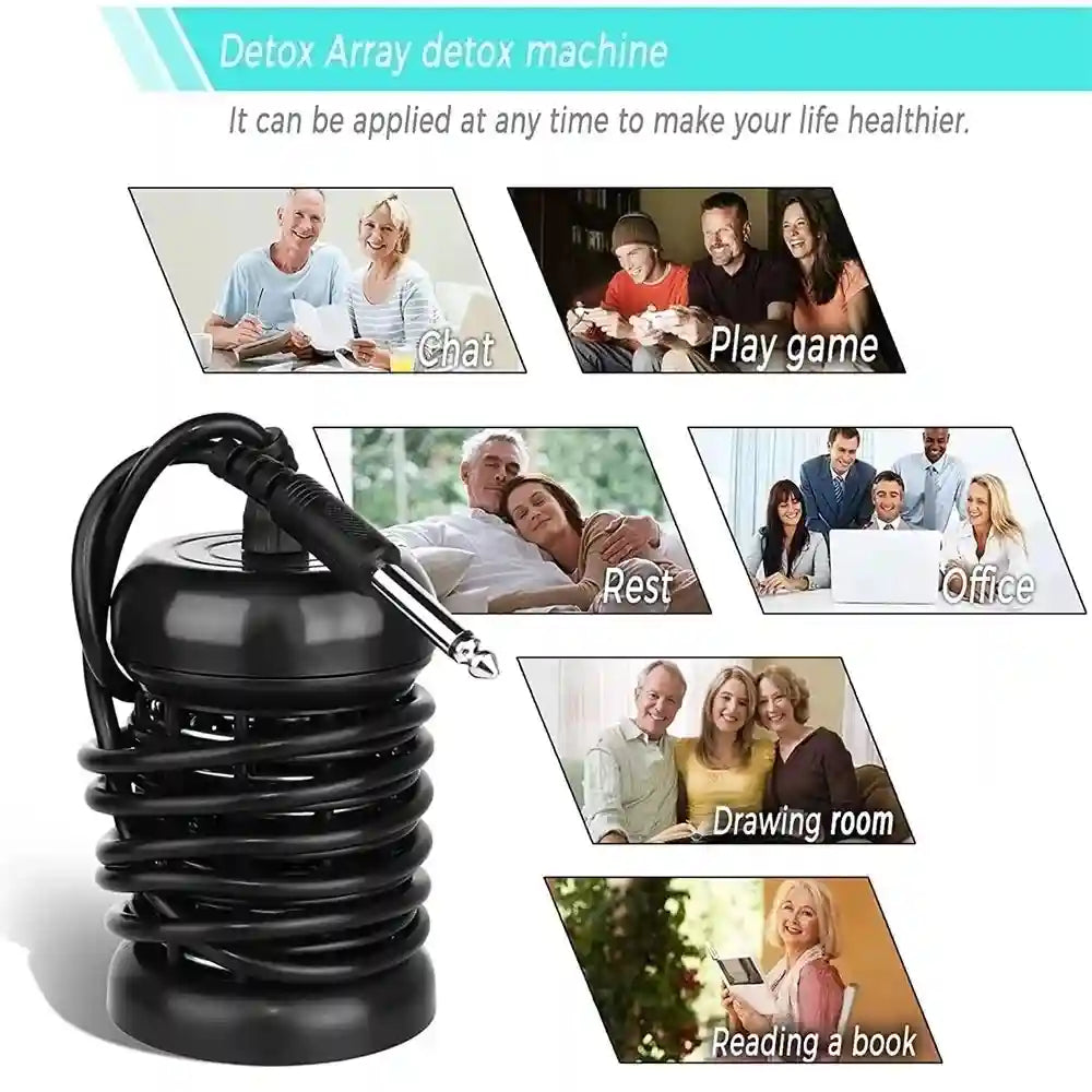 Stainless steel ion detox foot bath array with black coil, used for home hydrotherapy and body purification.
