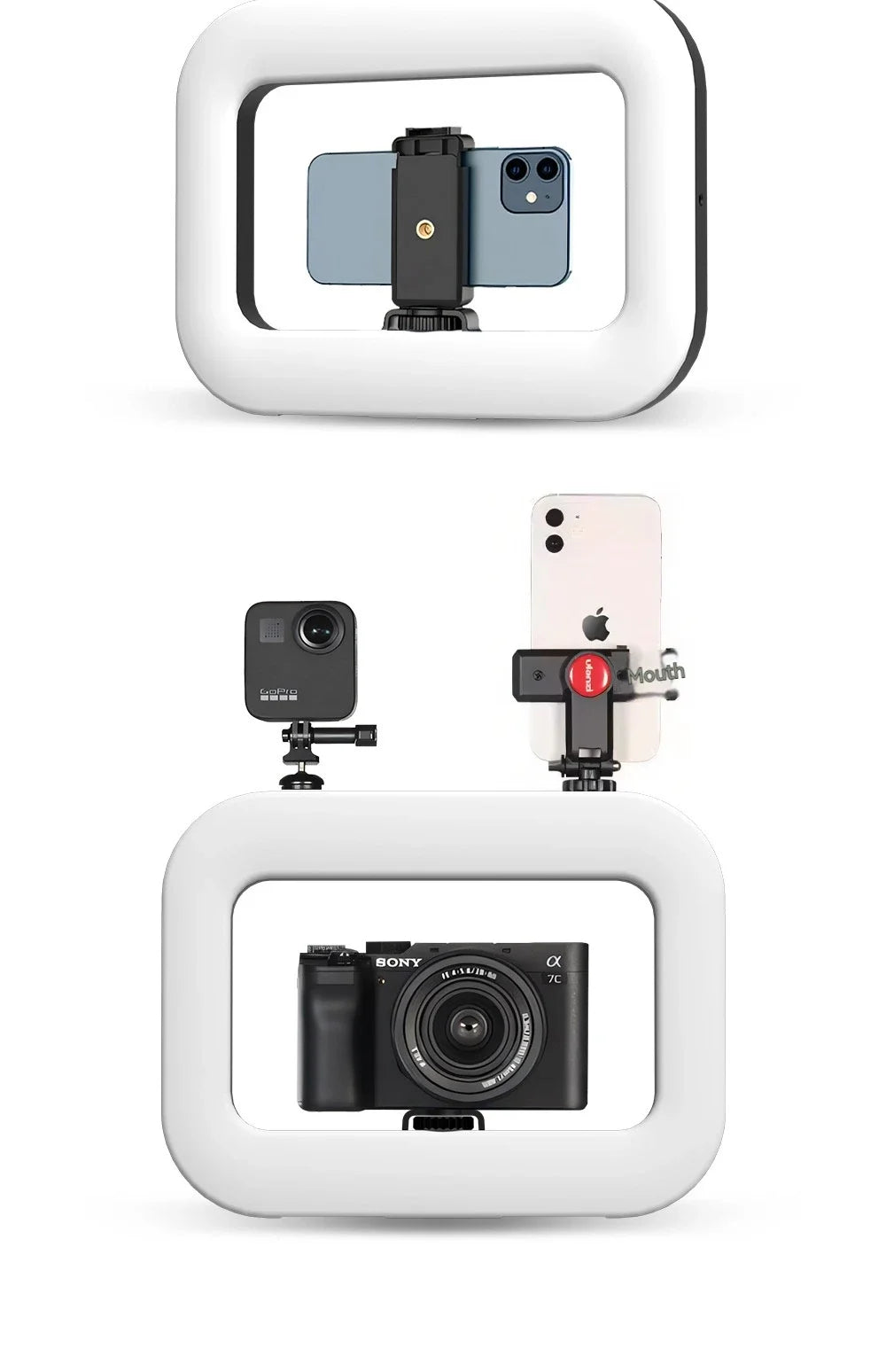 Rectangular LED ring light with adjustable mounts for attaching cameras and smartphones for filming and photography.