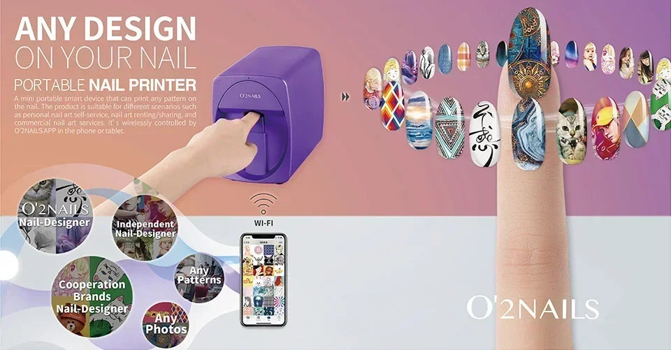 Purple portable smart nail printer with WiFi app control for high-res DIY 3D nail art designs at home or salon.
