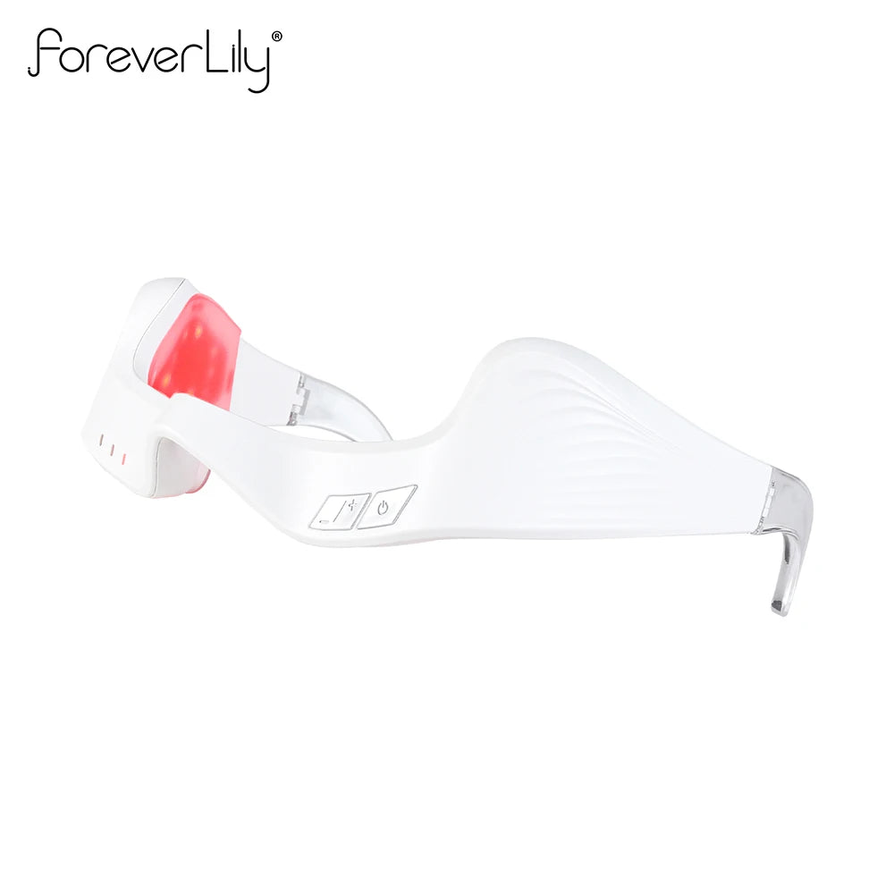 White electric red light eye massager glasses for anti-wrinkle care and fatigue relief with control buttons.