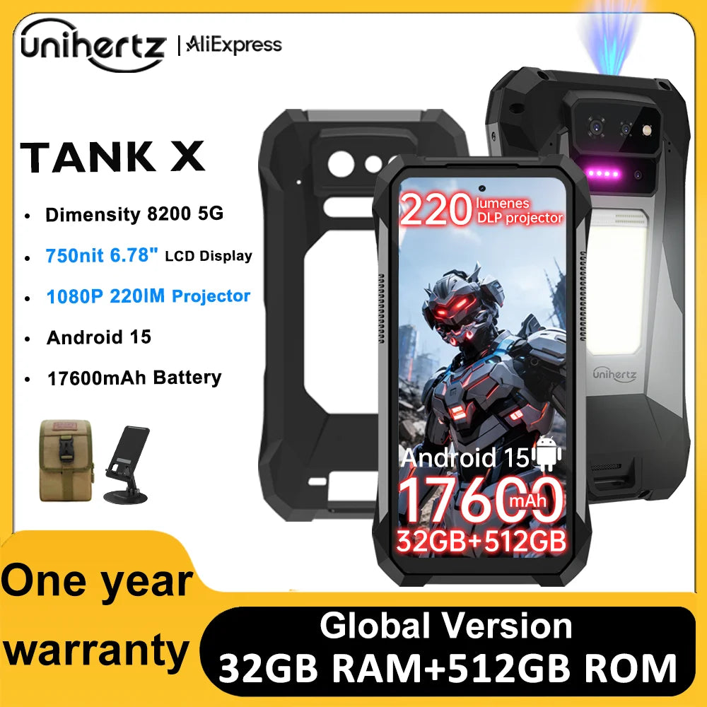 Unihertz TANK X 8849 5G Smartphone 32+512GB Built-in 1080P 220 lumen Projector 50MP+64MP Camara Android 15 17600mah Battery NFC