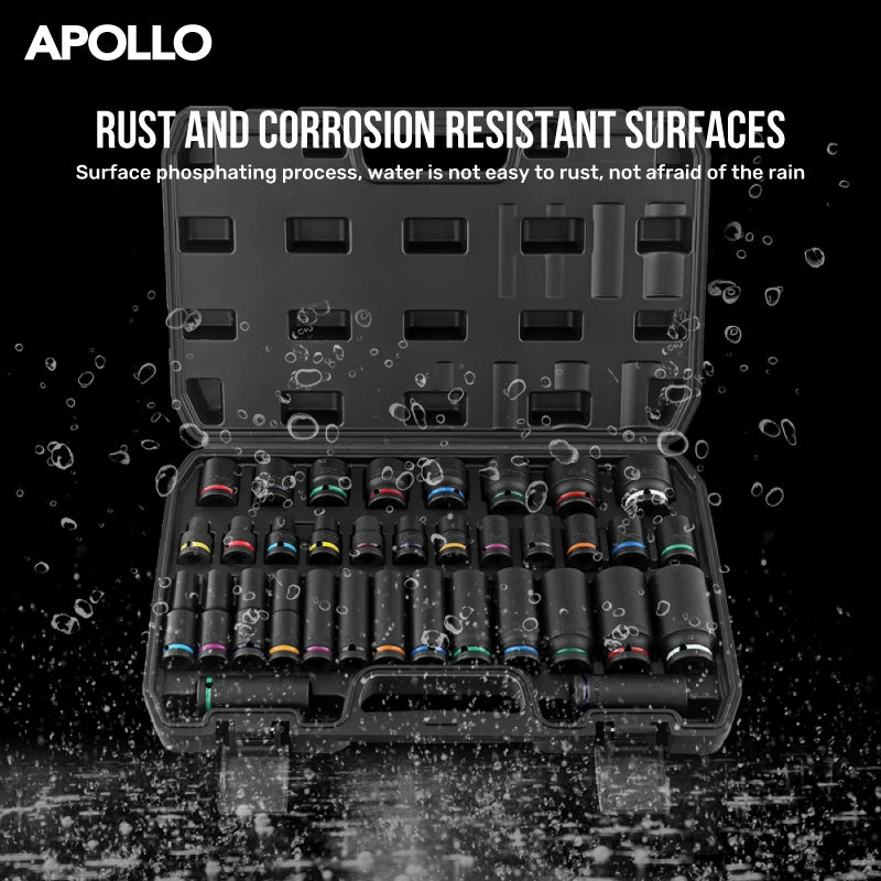 Apollo 1/2" Drive Impact Socket Set 10PC 8-24mm, Thick-Wall CrV Steel Pneumatic Sockets w/Color Rings, Auto Repair Kit for Tire