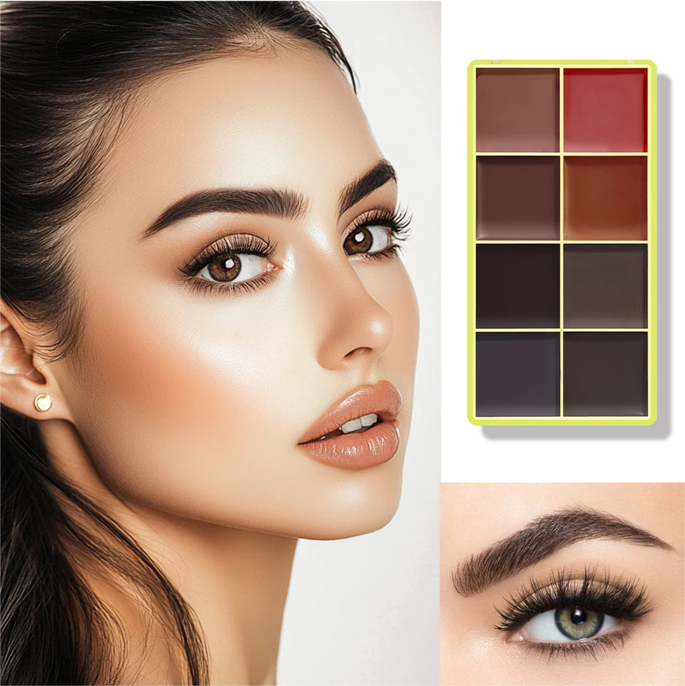 Tidesmit 8 color blush and eyebrow cream palette showing shimmer and matte texture close-up for natural face makeup