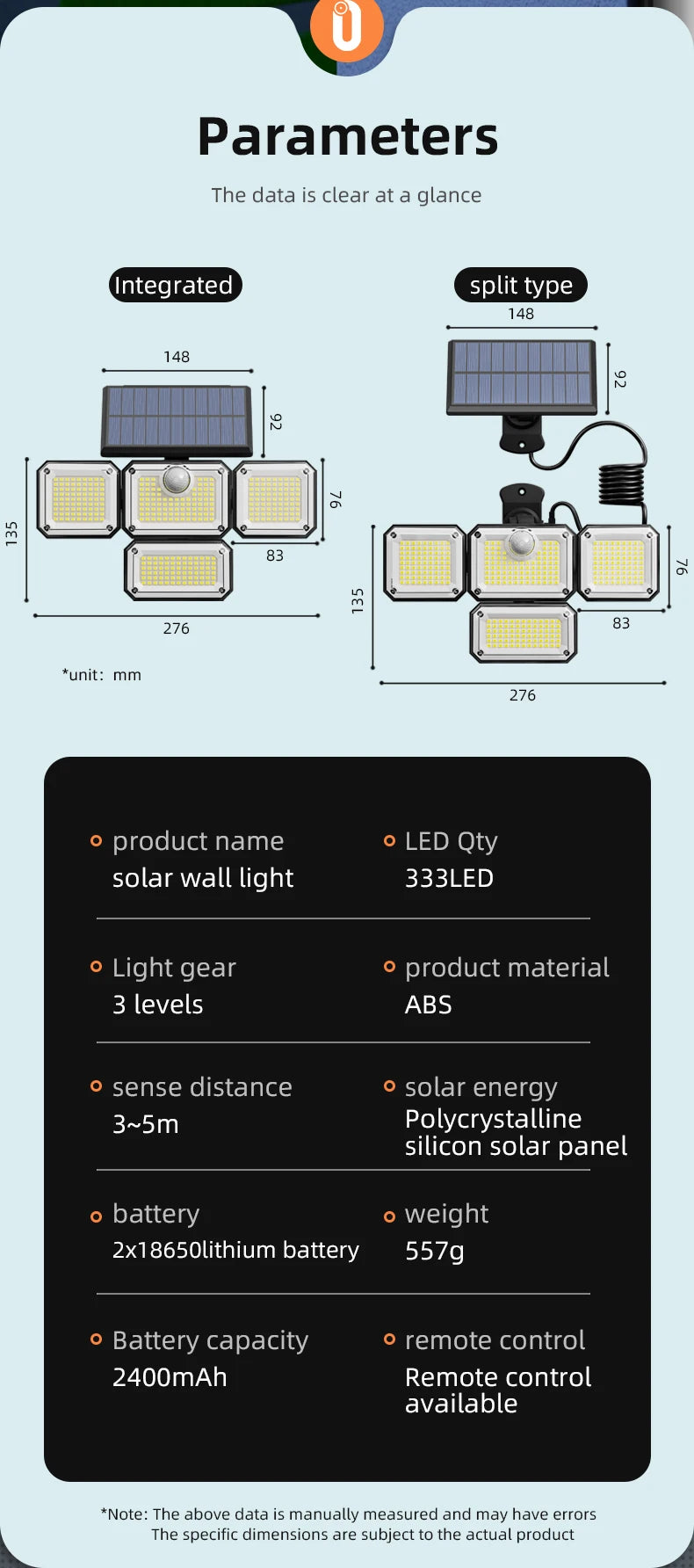 FAMCDC Solar Light 333LED IP65 Waterproof Outdoor Indoor Solar Garden Lamp With Adjustable Head Wide Lighting Angle With 3 Mode