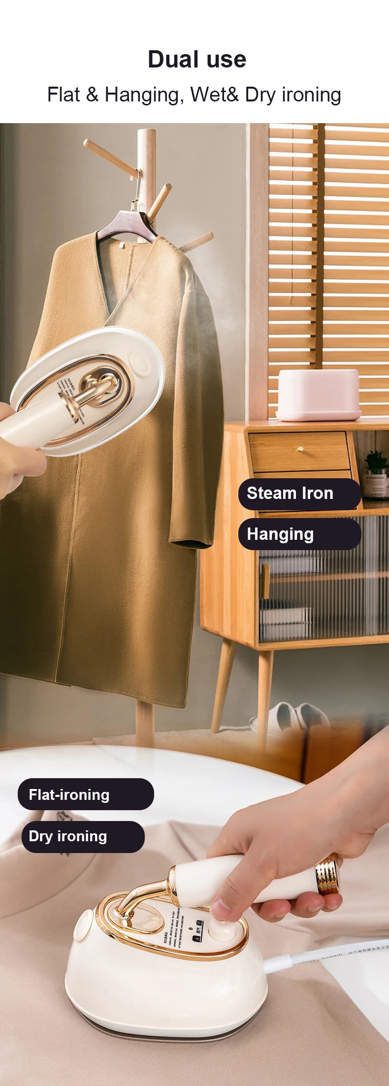Tidesmit portable mini steam iron showing dual dry and wet ironing function for travel garment care and wrinkles