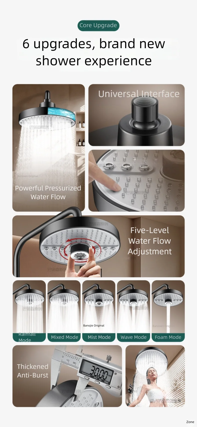5 Mode Adjustable Rain Shower Head High Pressure Large Flow Ceiling Mounted Spray Portable Shower Nozzle for Home Hotel Bathroom