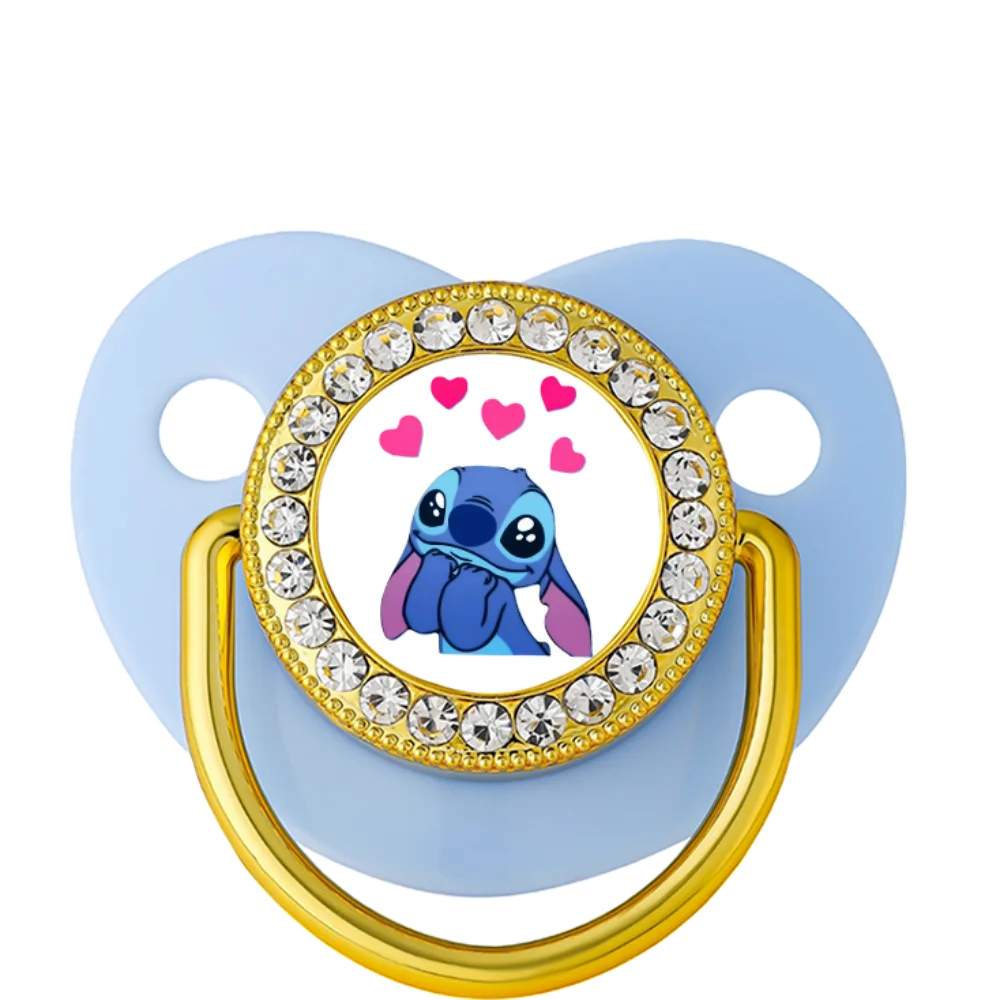 Light blue silicone baby teething pacifier with Stitch character and rhinestone detail for soothing teething pain.