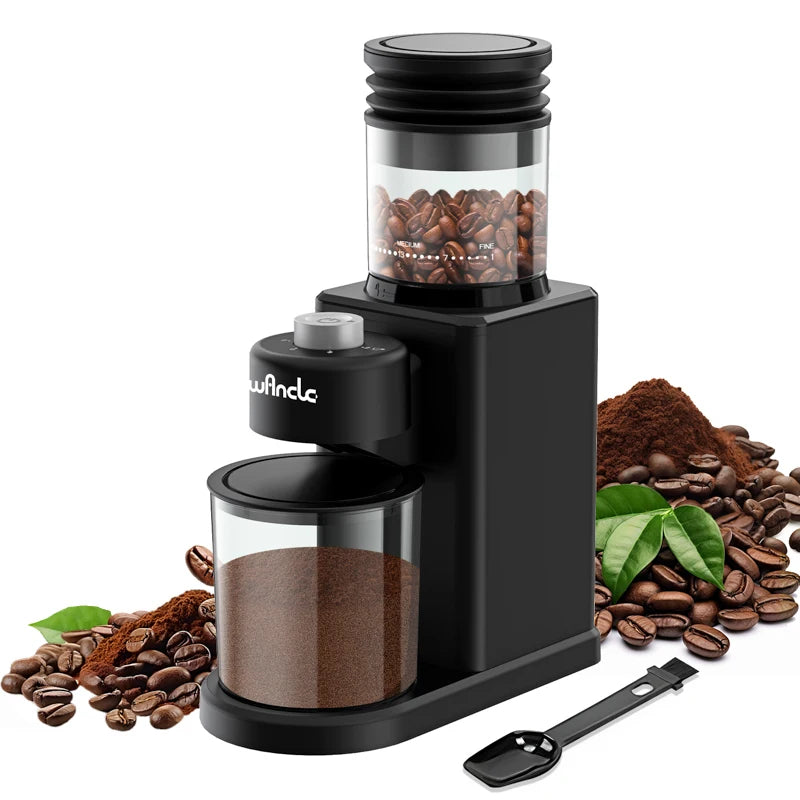 Wancle black electric coffee grinder with clear hopper, grounds container, and adjustment settings on white background.