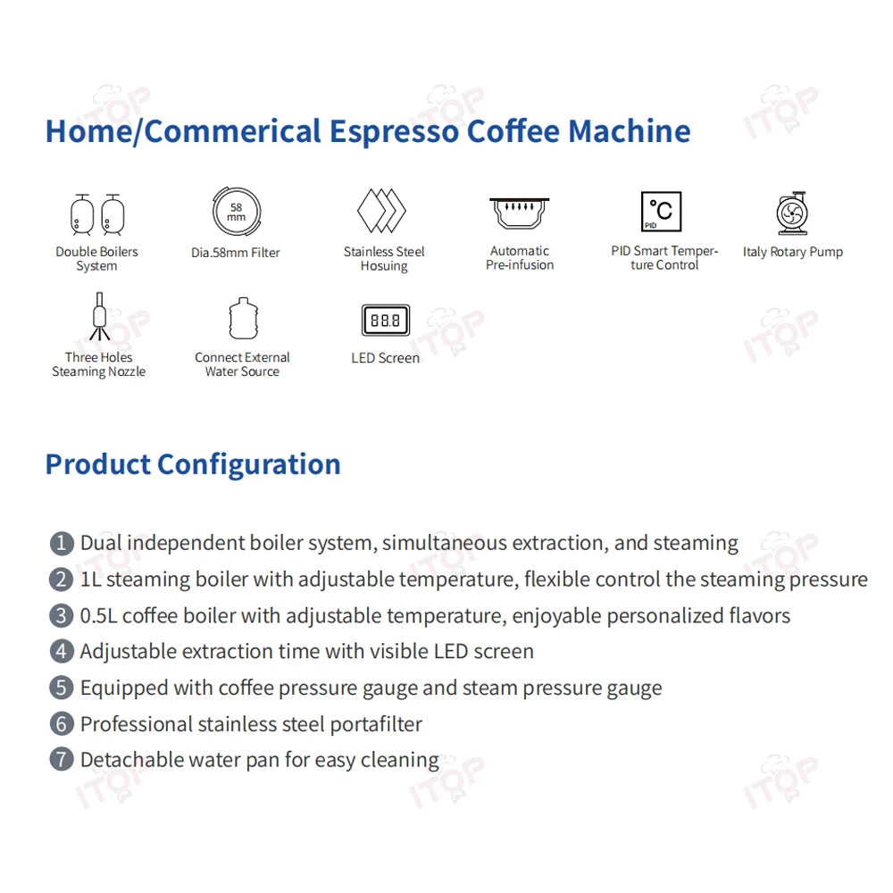 ITOP stainless steel commercial espresso machine with double boilers, 58mm portafilter, and LED PID temperature control.