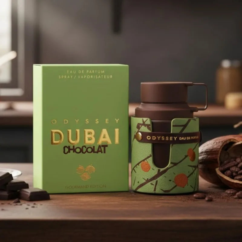 Armaf Odyssey Dubai Chocolat EDP: Gourmet men’s fragrance in a unique green leather-wrapped bottle with cocoa notes.