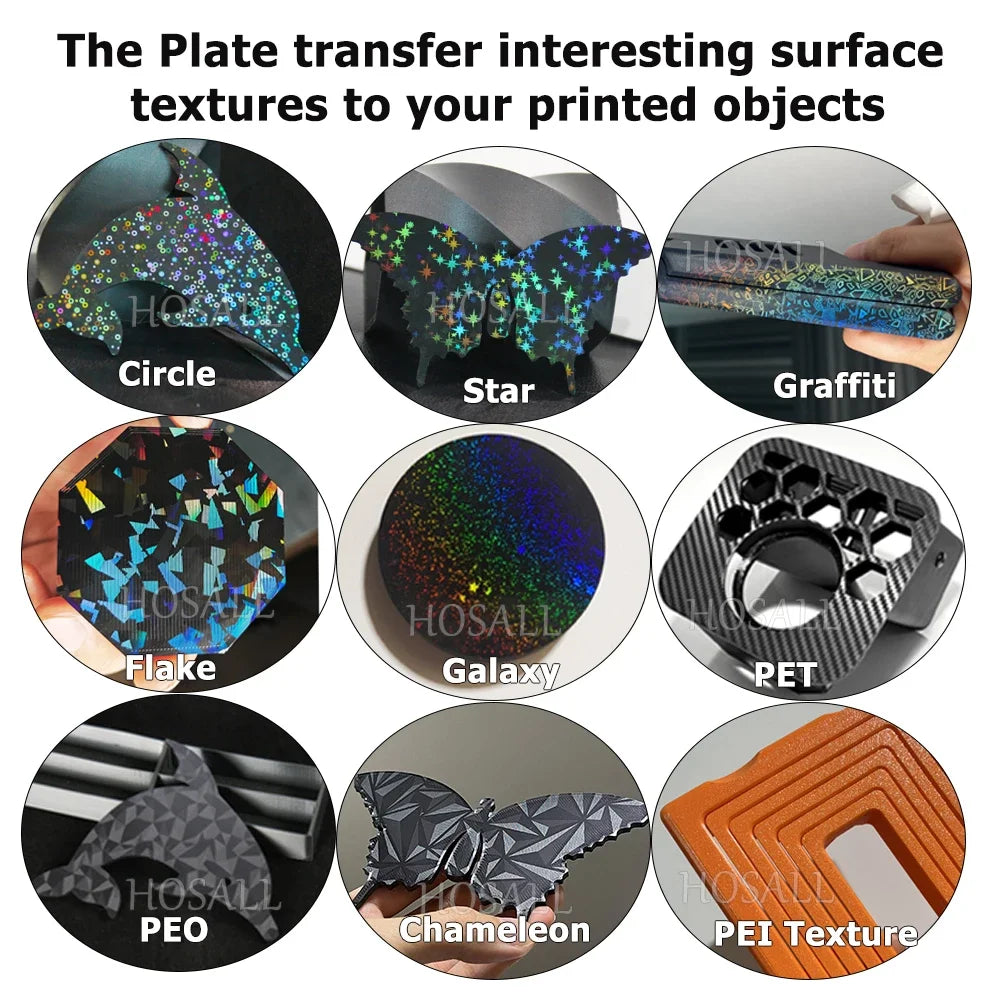 280x280mm QIDI Q2 build plate with textured PEO, PET, and PEI sheets for diverse, holographic 3D printing finishes.