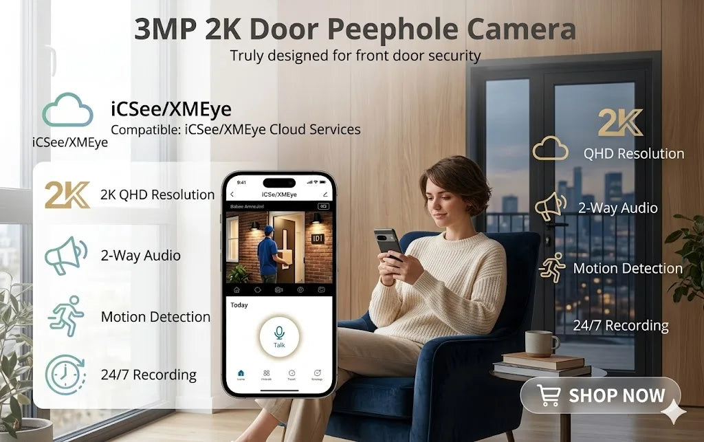 ZEMNIO 3MP 2K HD Smart Peephole Camera, 170° WiFi Video Doorbell, Two-Way/Motion, ICSee/XMEye App, 2.4G, Power Opt. EU/US/UK/AU