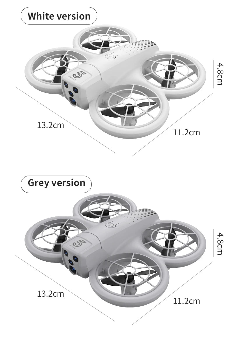 Small white and grey quadcopter drones with propeller guards and front cameras, measuring 13.2x11.2x4.8 cm.