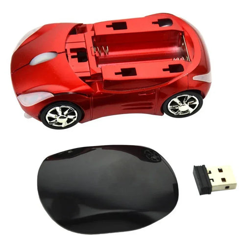 Red car-shaped wireless mouse with battery compartment open, matching black cover, and USB receiver.