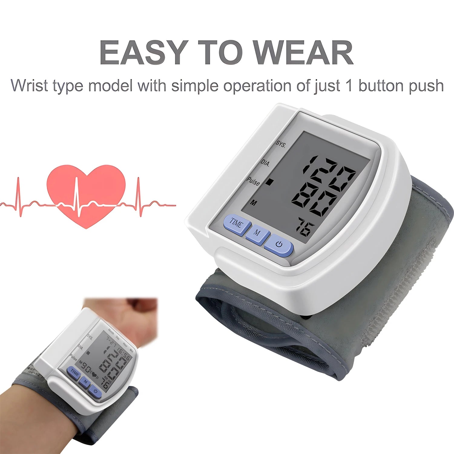 Wrist Digital Blood Pressure Monitor, Heart Rate Pulse Meter, Portable Sphygmomanometer Tensiometer for Home Use