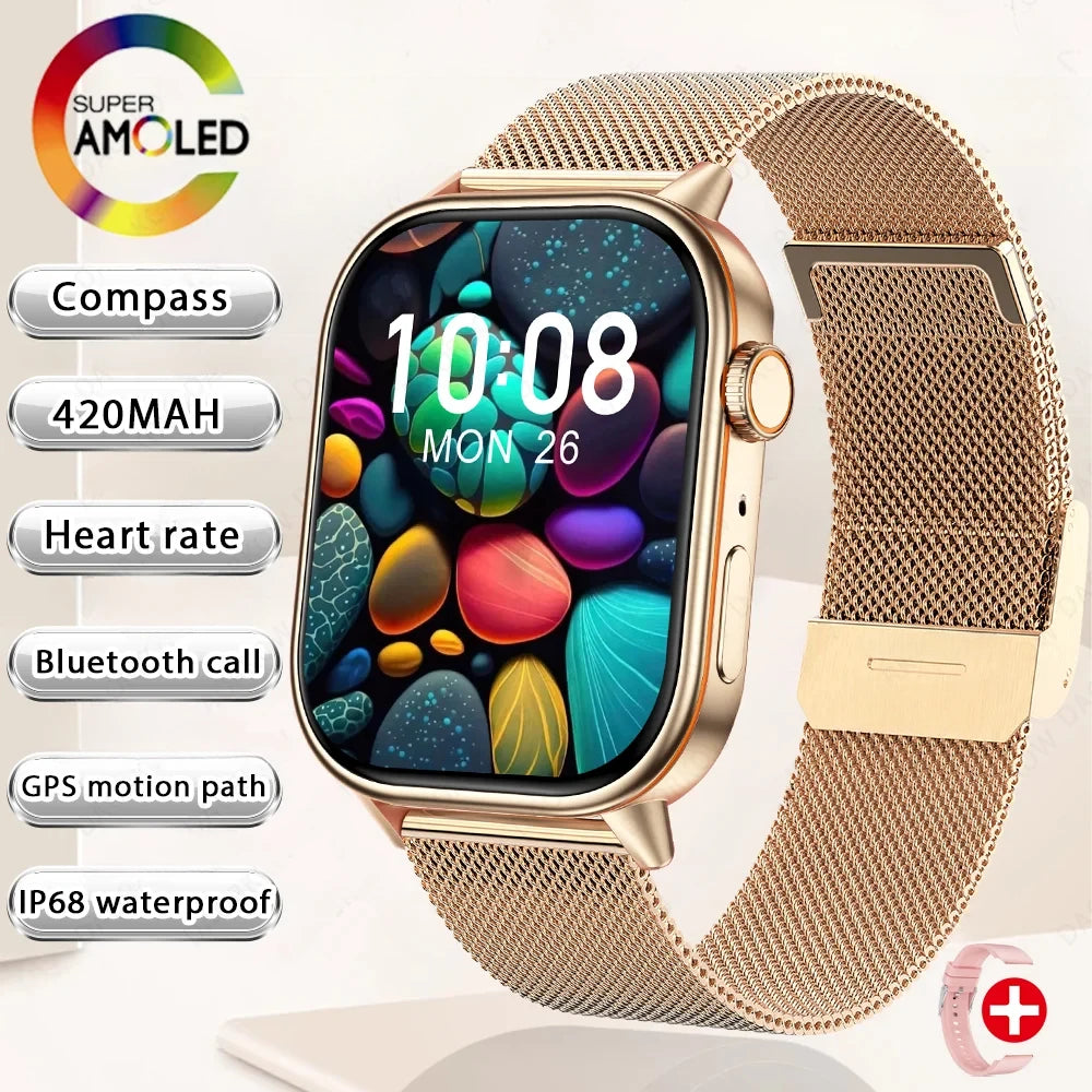Sports smartwatch with gold-tone metal mesh strap and rose gold case, AMOLED watch display