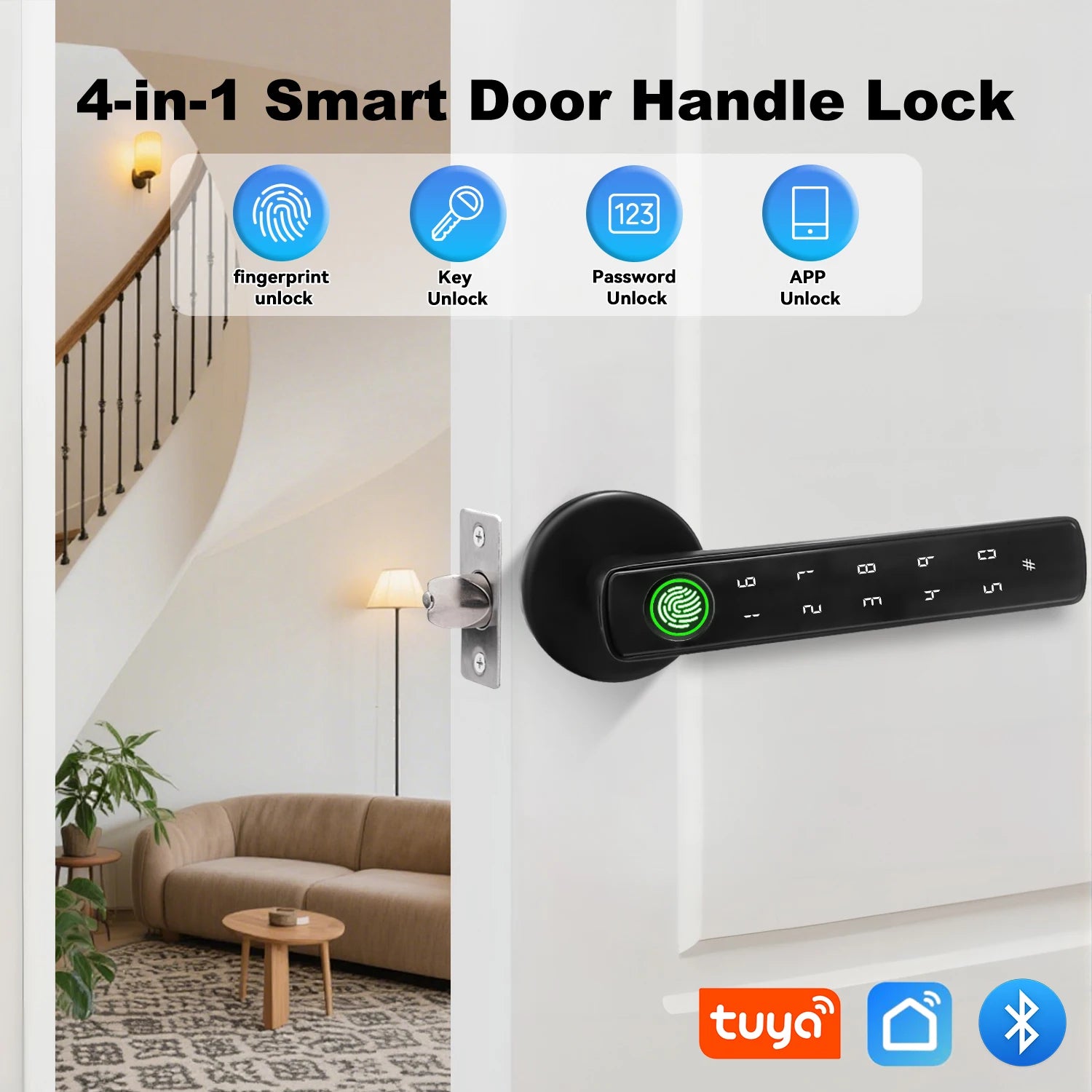 Tuya Bluetooth Fingerprint Electronic Door Handle Lock Smart Lock System Security Protection Smart Home Devices