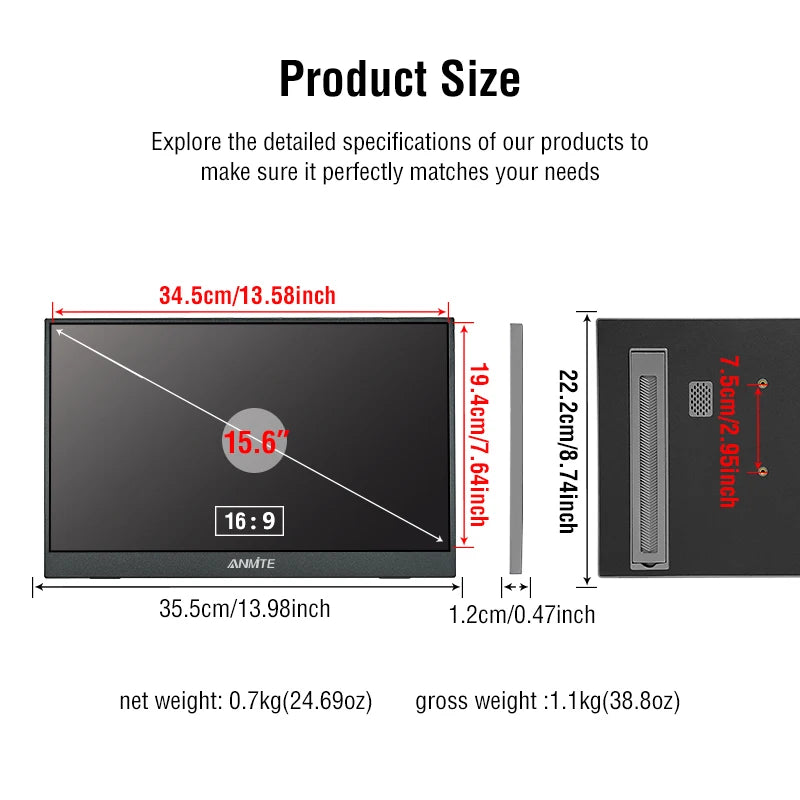 Anmite 15.6-Inch Portable Touch Monitor Non-touch Optional 1080P HDR 16:9 For XBox PS4 / 5 Switch Cell Phone PC Loptop Extensio