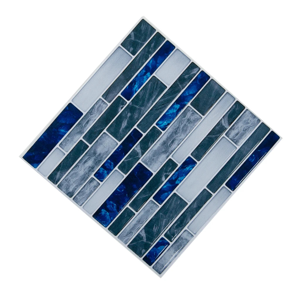 Blue and gray mosaic tile wall sticker sheet with brick grid pattern and 3D effect