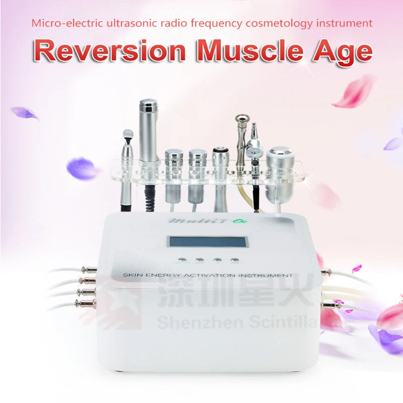 7-in-1 multifunctional hydro ultrasonic RF skin management machine with silver applicators on white base.