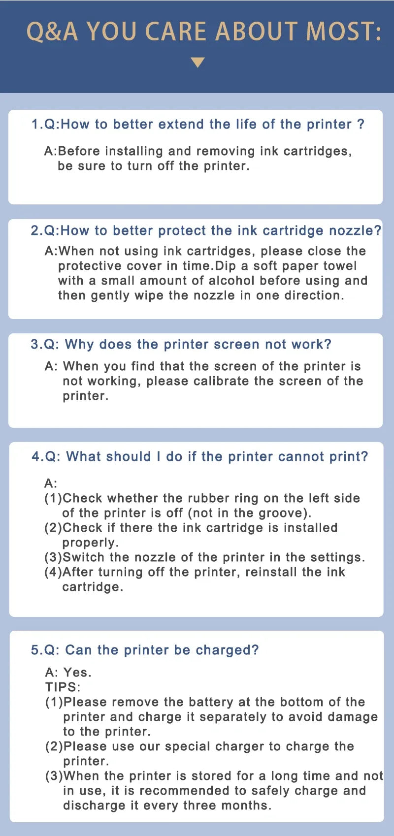 Handheld inkjet printer care and troubleshooting guide pages