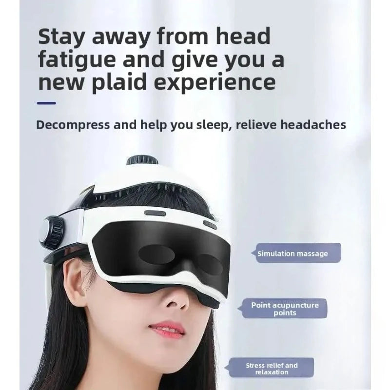 White integrated head and eye massager helmet for stress relief, headache therapy, and relaxation.