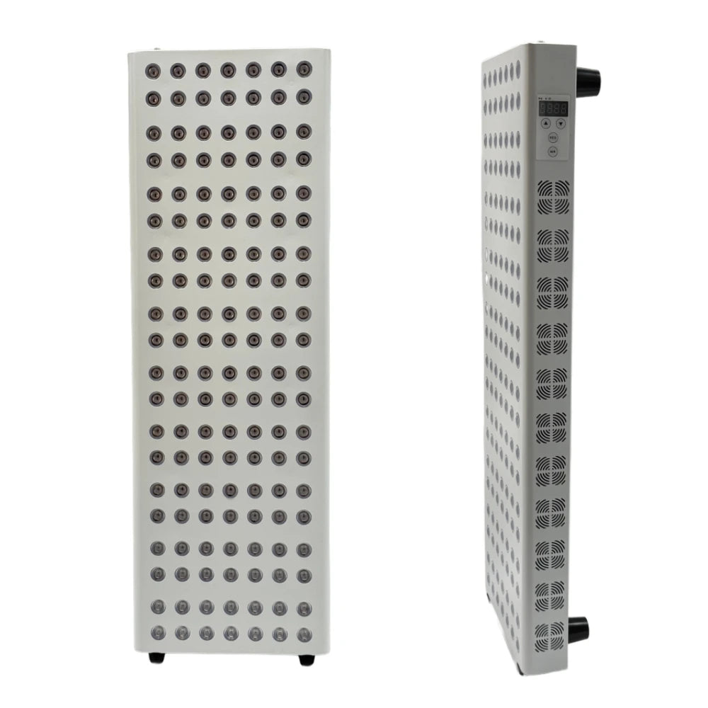 Red light therapy panel with LED bulbs for skin rejuvenation, anti-aging, and pain relief on face and body.