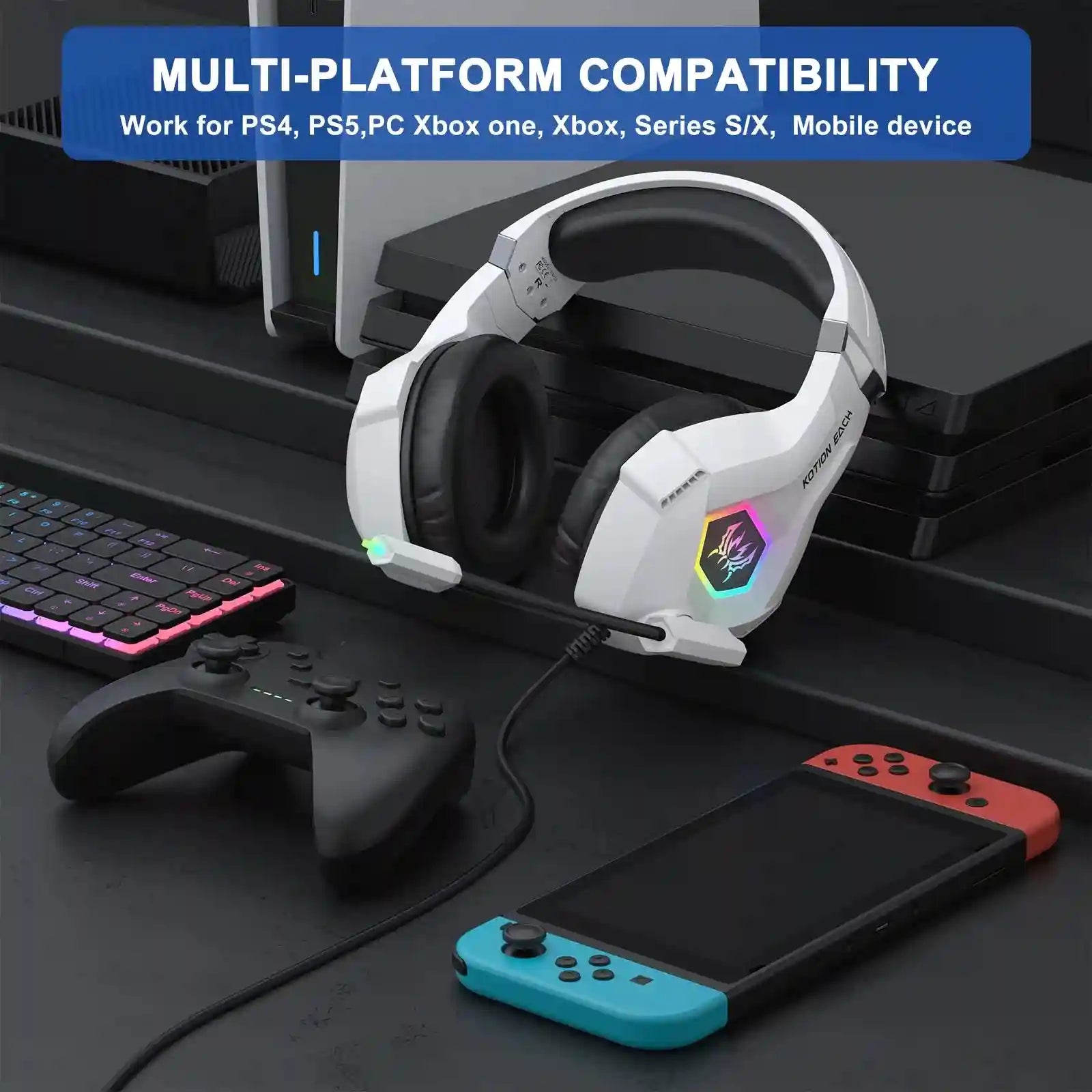 RGB Wired Gaming Headset with Noise Cancelling Mic - Black & White Tidesmit