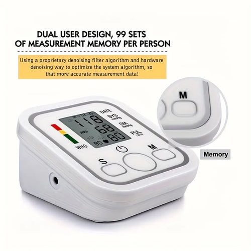 White digital arm blood pressure monitor with clear LCD screen and dual-user memory for accurate health tracking.