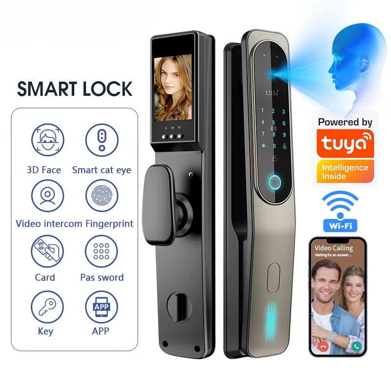 Electric Tuya App 3D Face Recognition Smart Doorlock Fingerprint Biometric Password Full Automatic Wifi Door Lock with Camera