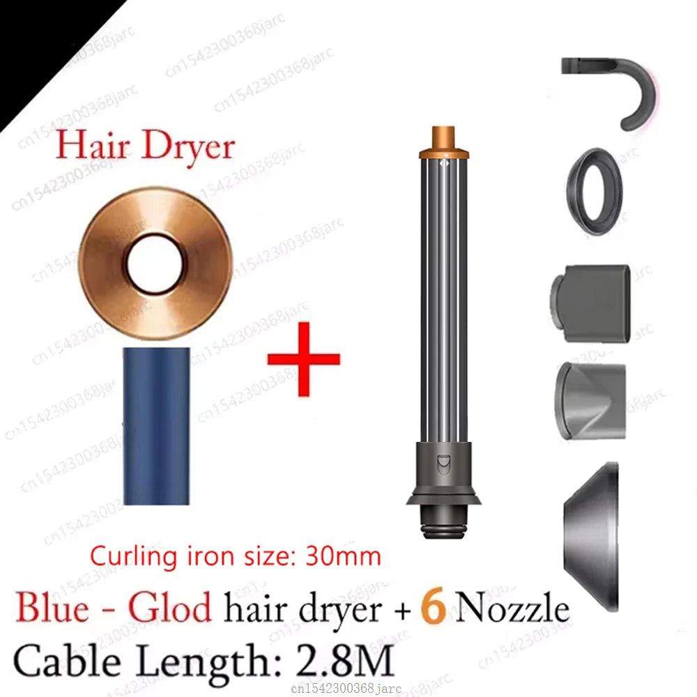 Blue and gold SenCiciMen professional hair dryer with 30mm curling iron and 6 styling attachments for home salon use.