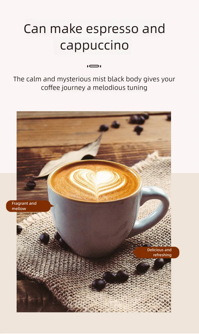 Mist black espresso and cappuccino coffee maker with a ceramic mug featuring heart-shaped latte art on a burlap mat.