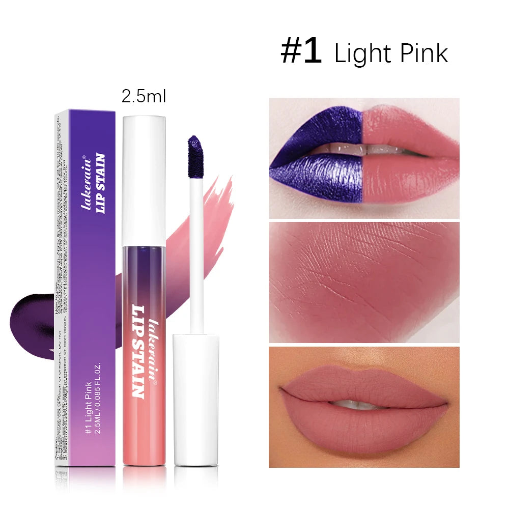 Lakerain Light Pink waterproof peel-off lip stain with matte finish applicator and transfer-proof swatch on lips.