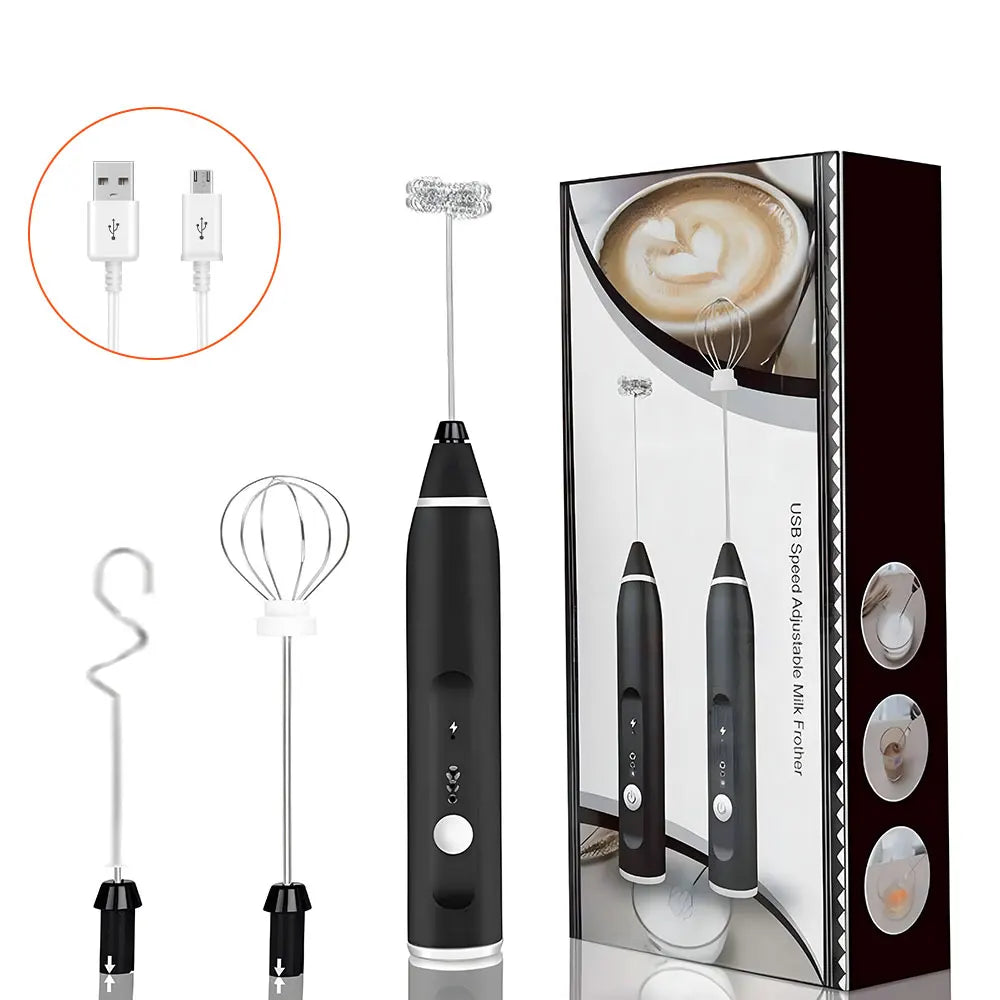 Black USB rechargeable handheld milk frother with three stainless steel whisk attachments and charging cable.