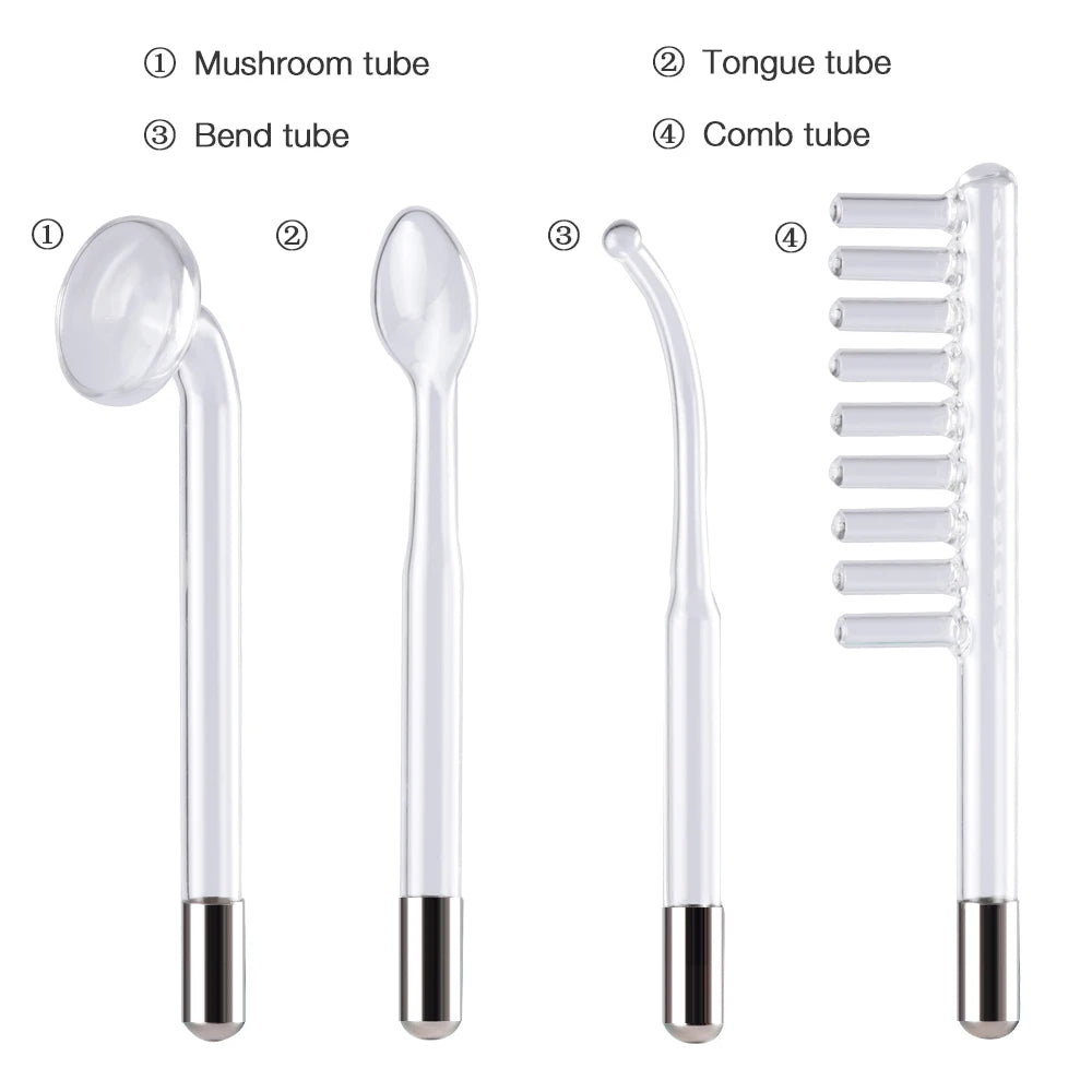 Four glass electrode tubes for a high-frequency facial machine: mushroom, tongue, bend, and comb shapes.