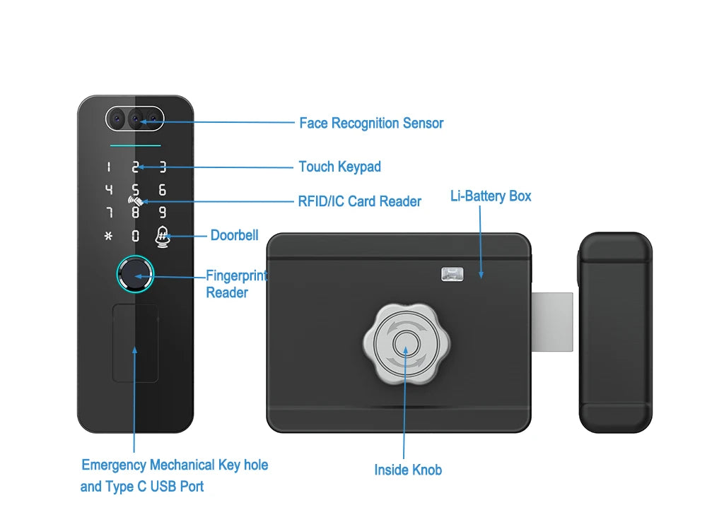 Smart WiFi Door Lock Waterproof Tuya Face Recognition Fingerprint RFID Card Password APP Control Rechargeable Li-Battery Include