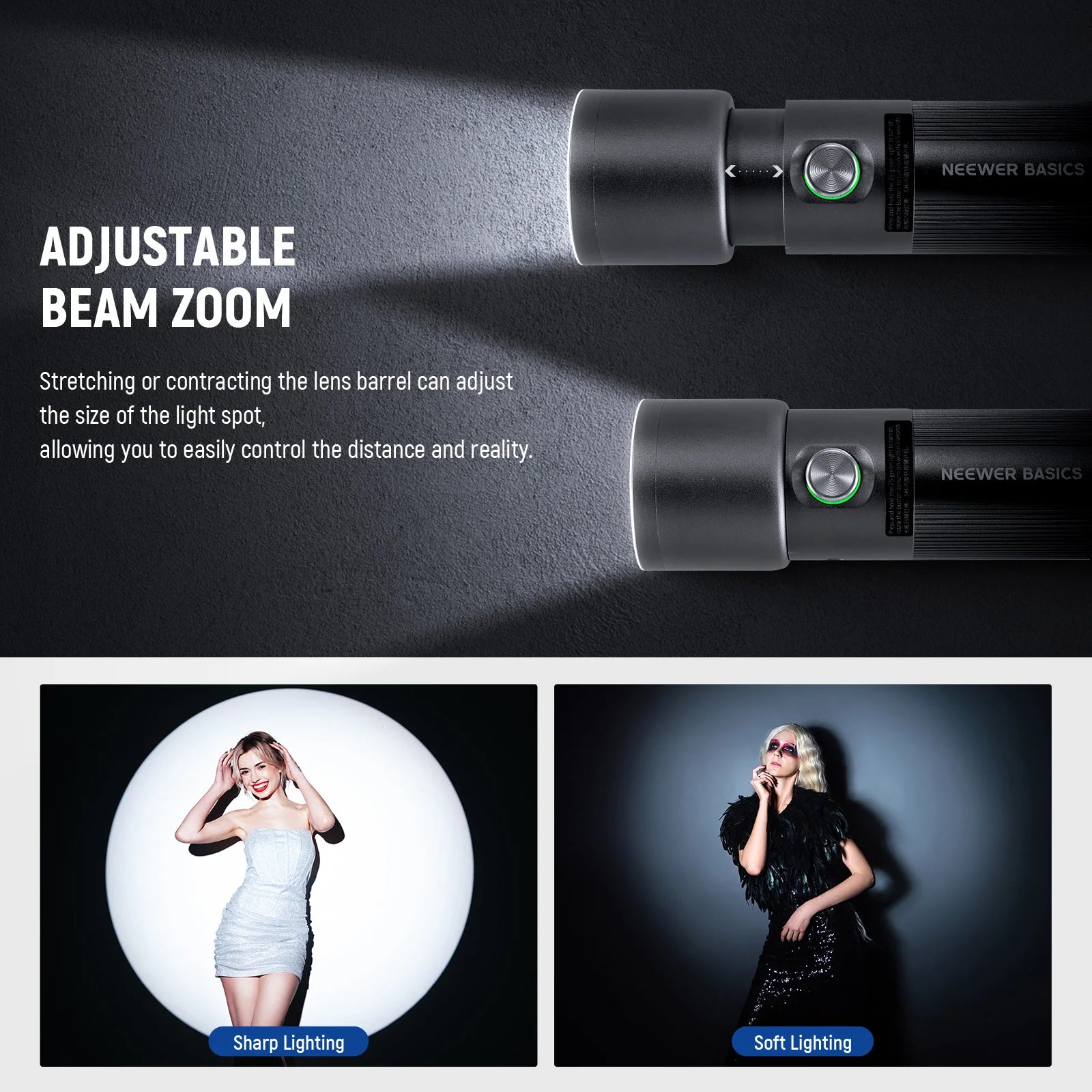 Black handheld LED flashlight with an adjustable zoom lens for controlling beam width for photography lighting.