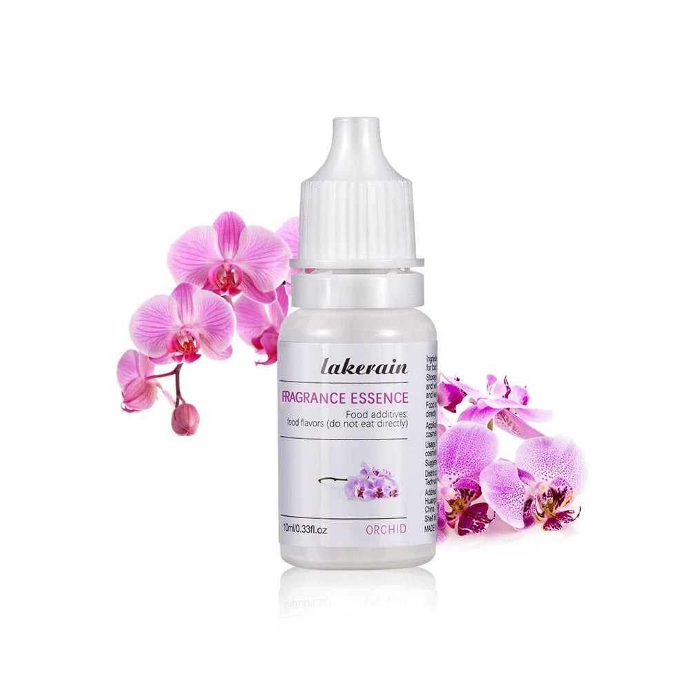10ml Lakerain Orchid fragrance essence for DIY lip gloss and soap making in a white squeeze bottle with floral decor.