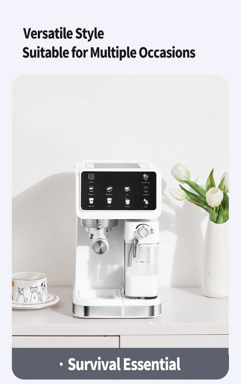 Modern white espresso machine with milk frother, touchscreen interface, and chrome accents on a kitchen counter.