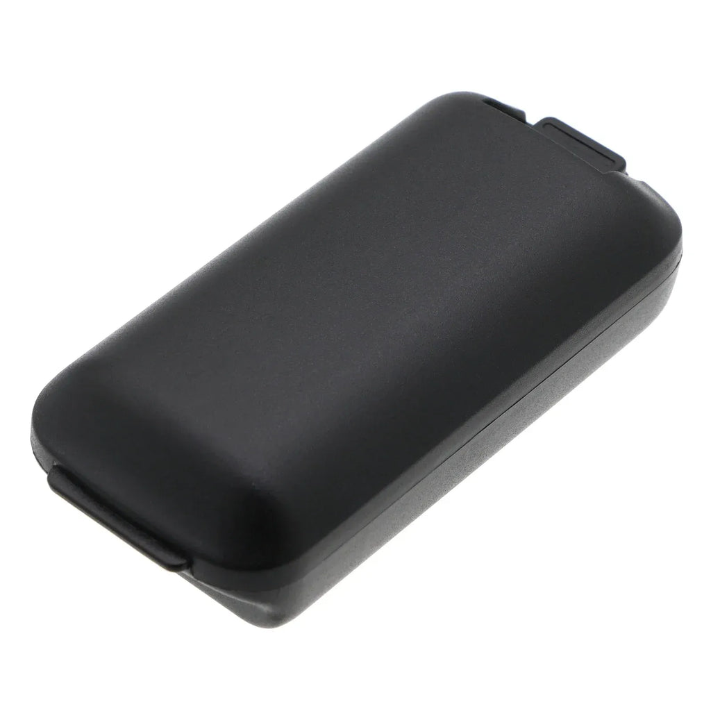 Black battery pack viewed from top, smooth rounded case with side connector end