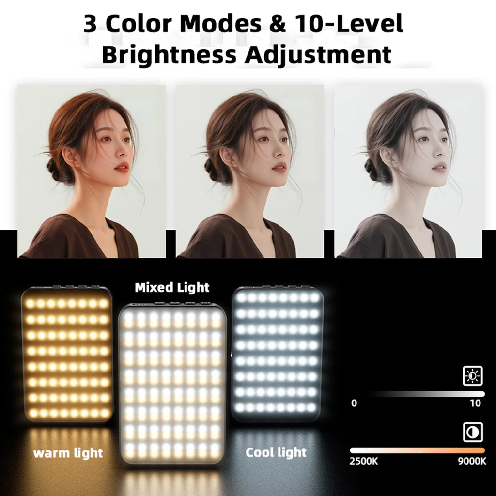 Rectangular LED video light with 3 color modes and 10 brightness levels for adjustable photography and video lighting.