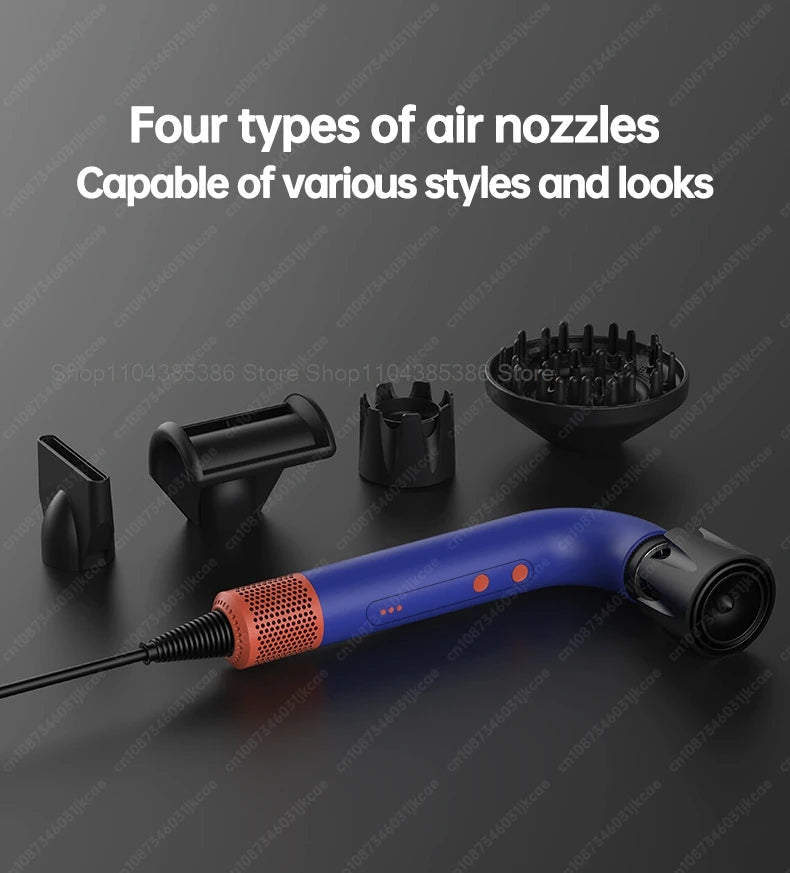 Blue negative ion leafless hair dryer with 4 professional styling nozzle attachments for salon-quality hair care.
