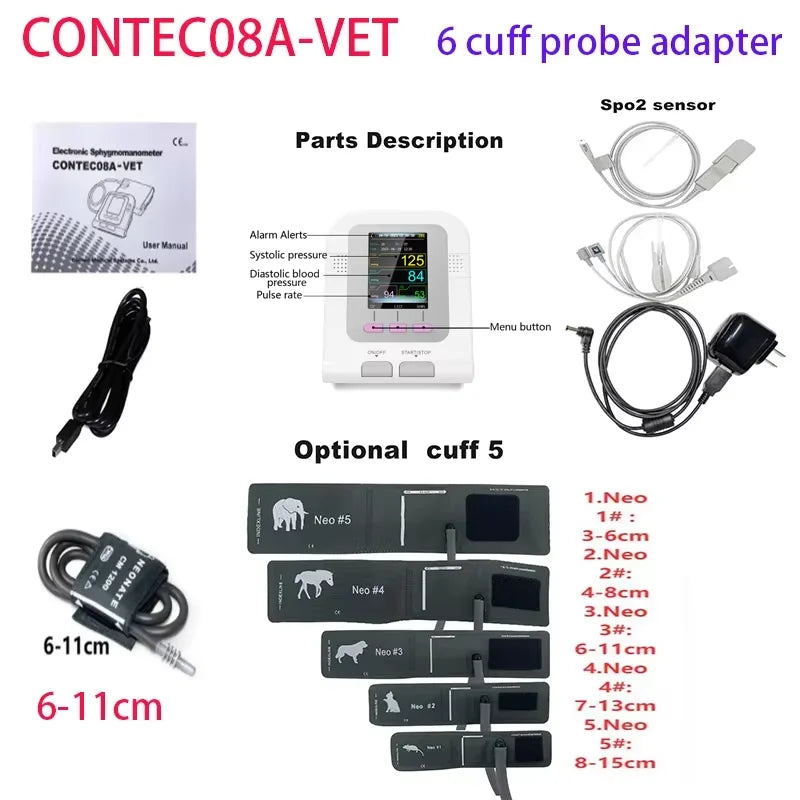 For use in cats and dogs; CONTEC08A veterinary blood pressure monitor, can be used with a blood oxygen probe if desired